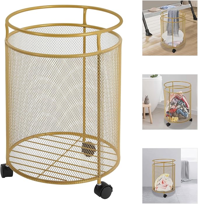 Laundry Hamper with Wheels,Round Metal Laundry Basket Cart,Portable Laundry Hamper Sorter Cart,Bathroom Dirty Clothes Basket Toy Storage Basket (Gold)