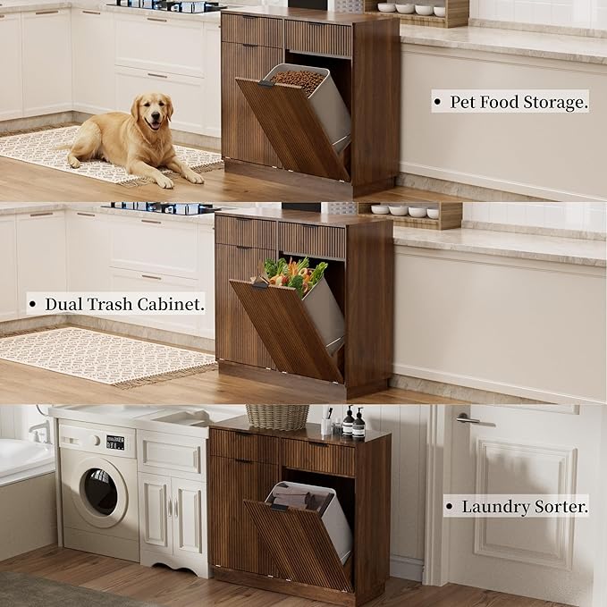 Double Tilt-Out Trash Cabinet, Laundry Hamper Cabinet with 2 Drawers, 39.4W x 34.3H x 13.8D inches, Walnut, Wave-Textured Front.