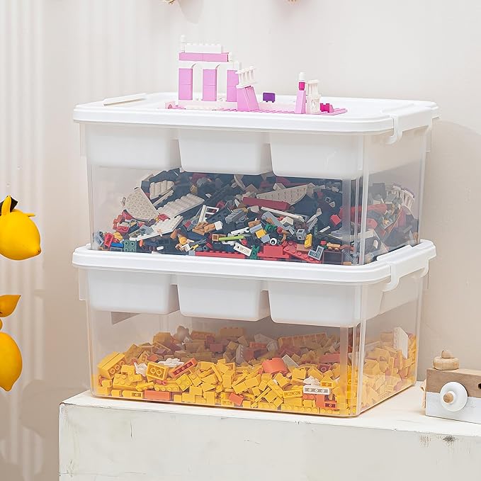 Citylife 17 QT Storage Bins with Building Baseplate Lid and Removable Tray Large Plastic Storage Bins Lego Organizers and Storage Bead, Tool, Sewing, 4 Packs