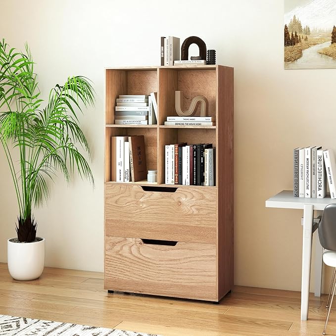 Giantex Bookshelf with 4 Cubes & 2 Drawers, 51” Tall Floor Bookcase with Anti-tip Kits, Freestanding Display Rack Storage Organizer for Study, Living Room, Home Office (1, Natural)