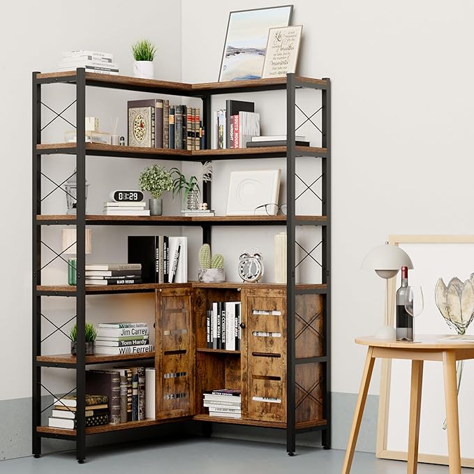 6-Shelf Corner Bookshelf, Vintage Industrial Corner Shelf Etagere Bookcase, Large Book Shelf with Metal Frame Open Storage Corner Cabinet (Brown-Lockers)