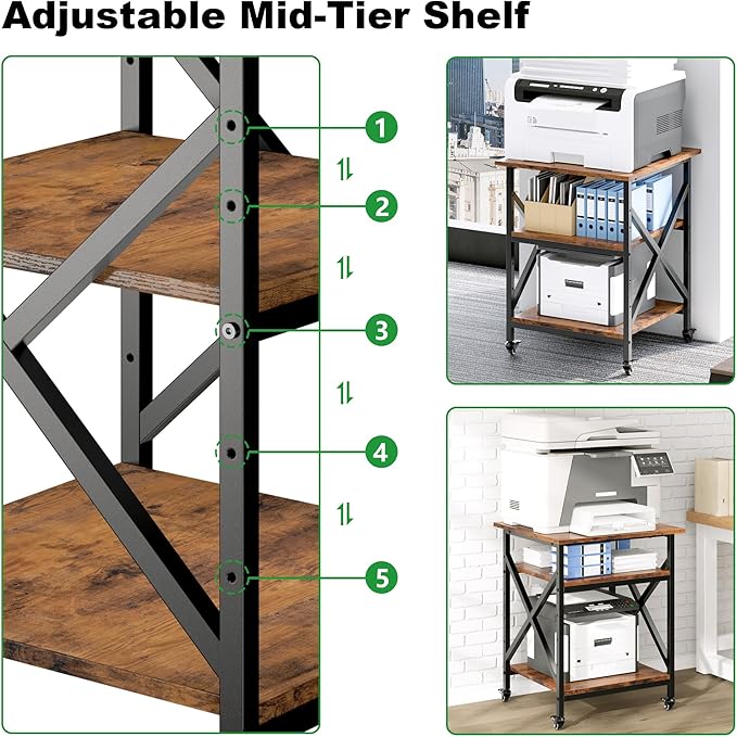 Ollieroo 3 Tier Printer Stand, Large Table with Wheels, Rolling Cart with Height Adjustable Middle Storage Shelf, 23.6 x 23.6 x 30.3 Inches Shelf for Home Office, Vintage Brown