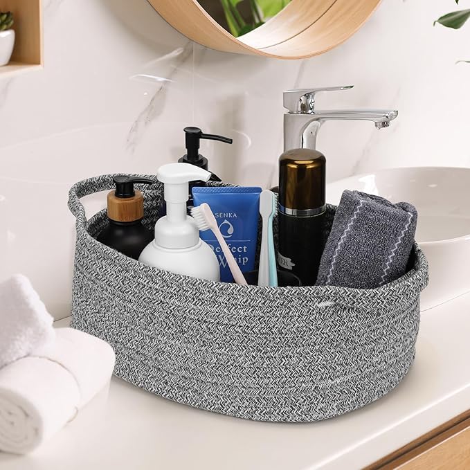 Small Woven Cotton Rope Basket Cute Baby Gift Baskets Empty Decorative Storage for Organizing Shelves Closet Baby Nursery Basket Bin Toy Storage Tote Organizer 13.7"x10.2"x5" Grey easter