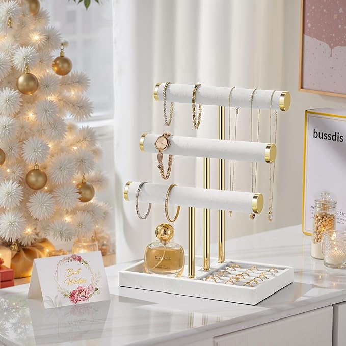 3 Tier Bracelet Holder Display - Detachable T Bar White Velvet Bracelet Holder, Jewelry Holder Organizer for Bracelet, Necklace, Watches, Rings