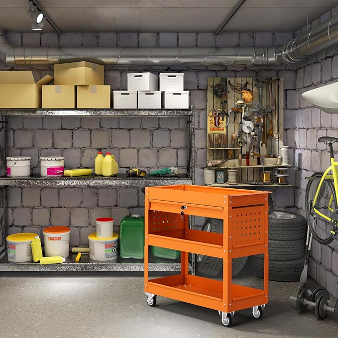 3 Tier Tool Cart on Wheels with Drawers - Three Tier Rolling Cart with Lockable Storage - Mechanic Tool Chest - Tool Chest with Wheels Used in Garage, Indoors, Workshop (Orange)