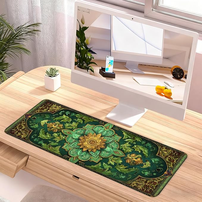 Green Vintage Floral Mouse Pad – Large Extended Desk Mat 31.5 x 11.8 in– Ornate Oriental Carpet Design with Gold & Emerald Motif, Keyboard & Mouse Pad for Office & Home