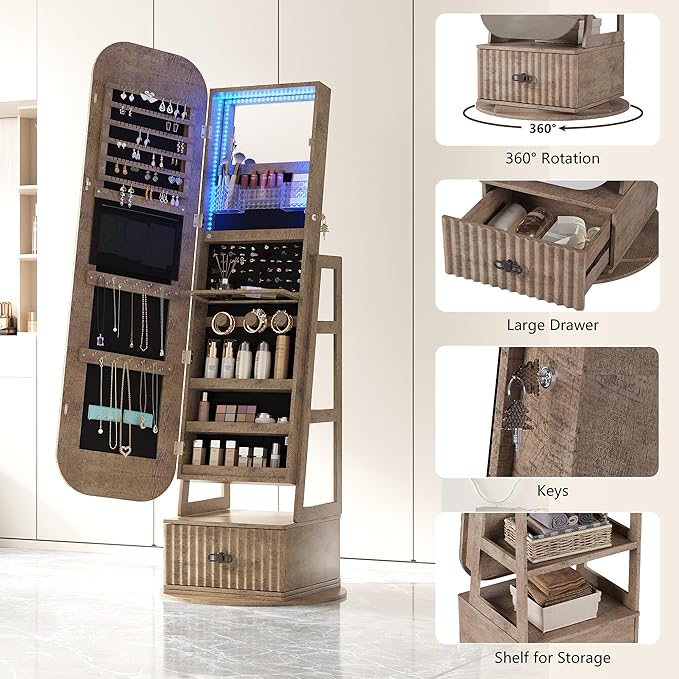 360°Swivel jewelry organizer with Full Length Mirror with Lights,Jewelry Armoires Cabinet Standing with Drawer,Large Mirror Storage for Jewelry and Makeup（Wood）