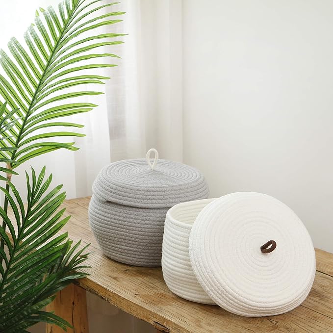 Sea Team Round Cotton Rope Storage Basket with Lid, Decorative Woven Storage Bin, Pot, Caddy, Organizer, Container for Snacks, Towels, Plants (Grey, Small/2-Pack)