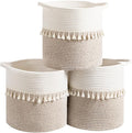 danpinera 11 Inch Storage Baskets Set of 3, Cotton Woven Baskets for Storage with Strong Handles & Stylish Tassel, Storage Bins, Decorative baskets for shelves, Nursery, Laundry, White & Mixed Brown