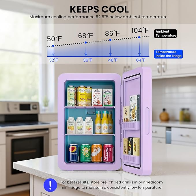 22L/30Cans Mini Fridge for Bedroom, 12v DC Portable Cooler & Warmer, Mini Refrigerator with Glass Front, for Car Office Desk & Dorm Food Beverage Skincare Makeup (Purple)