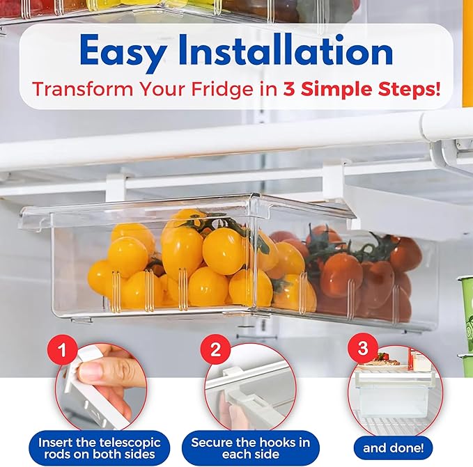 EVNE Refrigerator Drawers Fridge Drawer Organizer Fridge Organizer Drawers Small Size Refrigerator Shelf Pull Out Shelf Storage, Storage Egg Deli Cheese Meat 4 Liners Mats Included 15'' Max Size