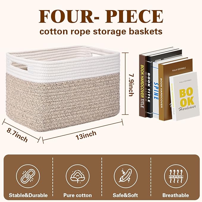 Storage Baskets for Organizing, 4 Pack Storage Baskets for Shelves, Woven Basket for Shelves, Closet Organization, Rectangle Organizer Basket Gifts Empty, 13"Lx8.7"Wx7.9"H Decorative Bins with Handles