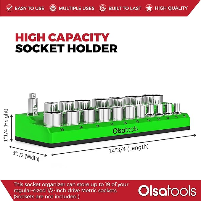 Olsa Tools Magnetic Socket Holder | 1/2-inch Drive | Metric | Green | Holds 19 Sockets | Professional Quality Tools Organizer