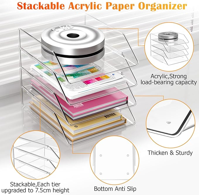 YKLSLH 4 Tier Paper Organizer Letter Tray - Acrylic Stackable Desk File Organizer, Clear Paper Sorter Office Organizer for Letter/A4, Office File Ipad Books Notes Etc