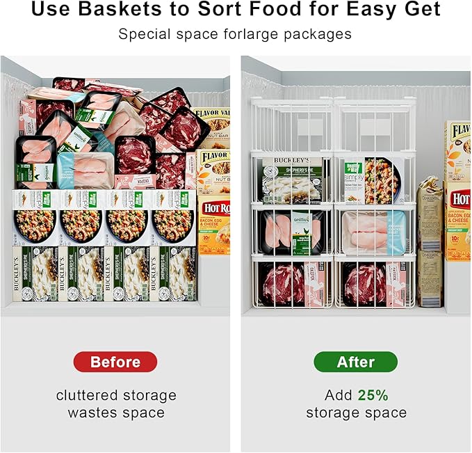 Freezer Storage Organize Baskets - 3 Pack Stackable Deep Freezer Organizer Bins for Most 7 Cu.FT Chest Freezer with Handles, Sturdy but Light, Metal Coated, Add Space, Easy to Reach