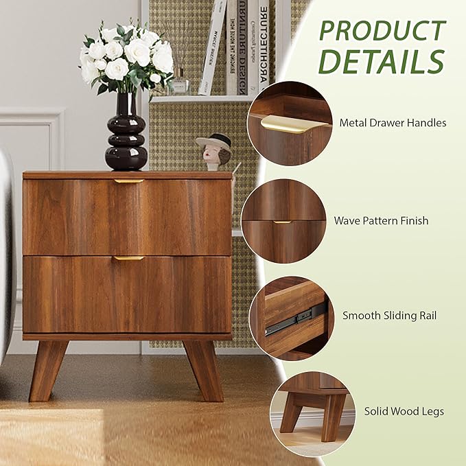 Nightstand, Bedside Table with 2 Drawers and Metal Handles, Sofa Side End Table with Storage for Bedroom, Living Room, Entryway (Walnut)