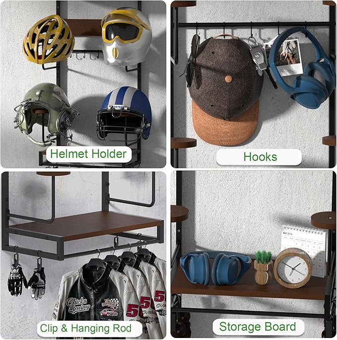 EleganceX Motorcycle Helmet Storage - Helmet Rack Wall Mount with 2 Tiers Storage Boards, 4 Hat Stands, 4 Glove Clips,5 Key Hooks Motorcycle Helmet Holder for Gear Accessories, Clothes, Gloves