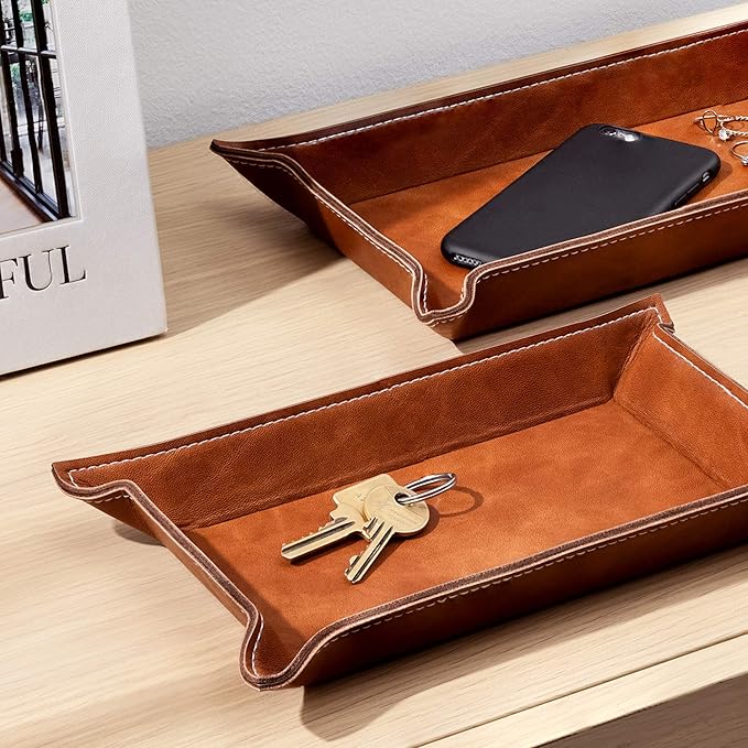 Navaris Faux Leather Valet Tray Set of 2 - Catch All Tray for Key Entryway Table Nightstand - Catchall for Keys Watch Remote Phone - Valet Storage for Men - Mens Storage Dish
