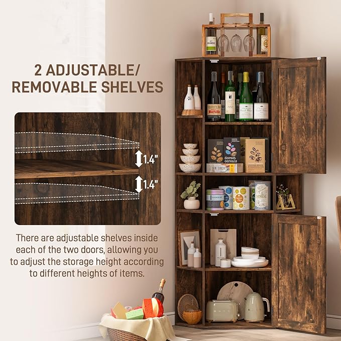 Farmhouse Corner Cabinet, Tall Corner Storage Cabinet with Barn Doors and Adjustable Shelves Wooden Display Bookshelf Pantry Cabinets Organizer Home Furniture for Bathroom, Living Room
