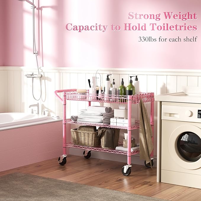 NTE Utility Cart with Wheels, 990lbs Capacity Metal 3 Tier Rolling Carts, NSF Kitchen Carts On Wheels with Storage, Heavy Duty Utility Cart with Handle & Wire Shelf for Indoor & Outdoor Use, Pink