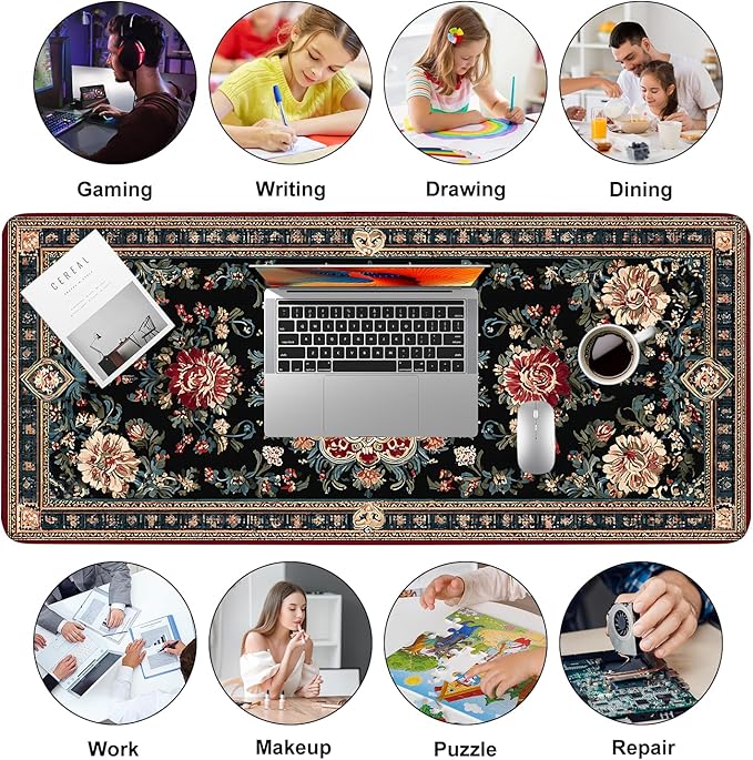 Vintage Persian Carpet Mouse Pad – Large Extended Desk Mat 35.43 x 15.75 in – Oriental Floral Rug Design, Non-Slip Rubber Base, Stitched Edges, Soft Keyboard & Mouse Mat for Office or Gaming