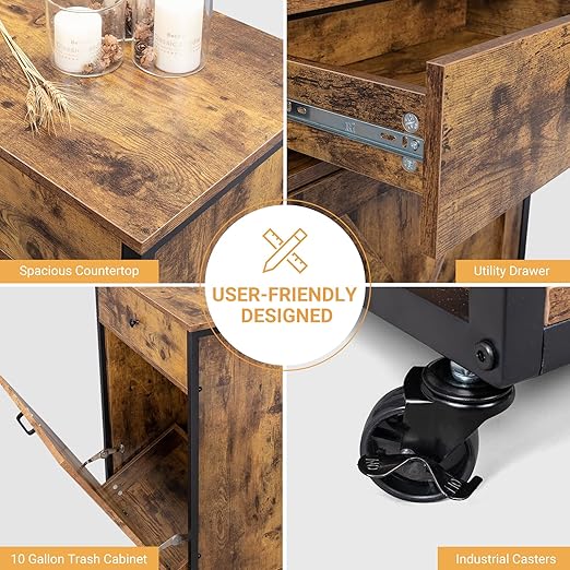 VINGLI 13 Gallon Tilt Out Trash Cabinet, Wood Hidden Trash Can Kitchen Cabinet with Drawer, Movable/Freestanding Pet Proof Storage Organizer, Laundry Basket Living Room Storage, Rustic Brown