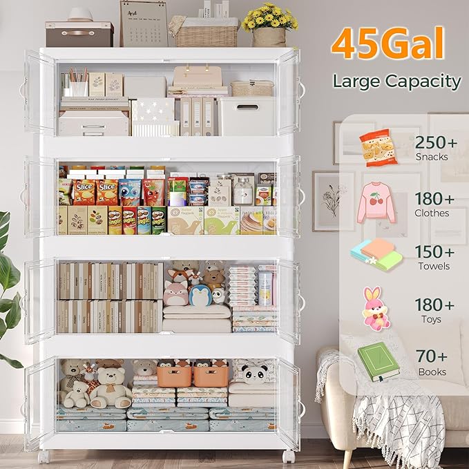 720QT Extra Large Stackable Storage Bins with Lid, 180Gal Collapsible Closet Organizer Box with Wheels, Folding Plastic Storage Cabinet with Doors for Home Kitchen Office Dorm, 4Pack White