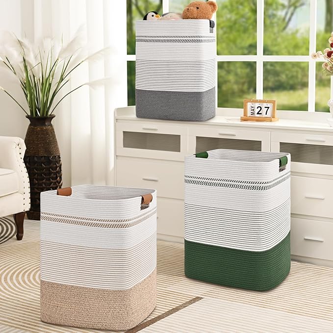 Laundry Hamper, 95L Tall Laundry Basket with Leather Handles, Rectangle Large Clothes Hamper for Organizing, Cotton Woven Laundry Baskets Storage Hampers for Bedroom, Nursery, Living Room