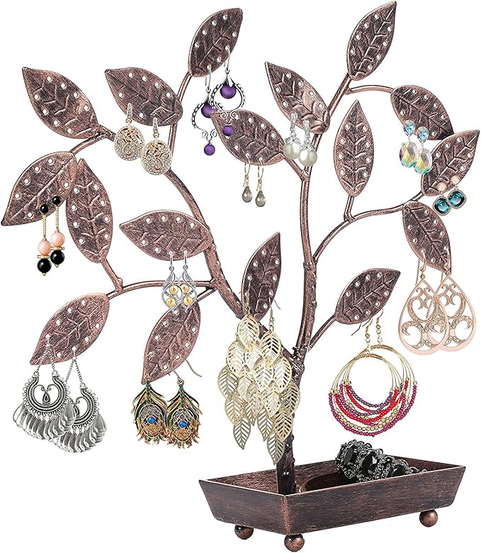MyGift Jewelry Tree w/Bird Nest 48 pair Earrings Holder, Bracelets/Necklace Organizer Stand (Bronze Metal)