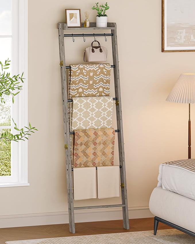 Blanket Ladder Shelf, Decorative Quilt Rack, 7-Tier Farmhouse Ladder Holder Organizer with 4 Removable Hooks, Greige BR36805B