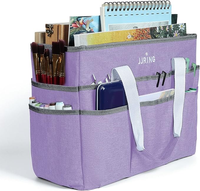 JJRING Craft Organizer Tote Bag, Large Art Storage Caddy with Multiple Pockets, Lilac Sewing Bag for Art, Craft, Scrapbooking, School, Medical, and Office Supplies Storage