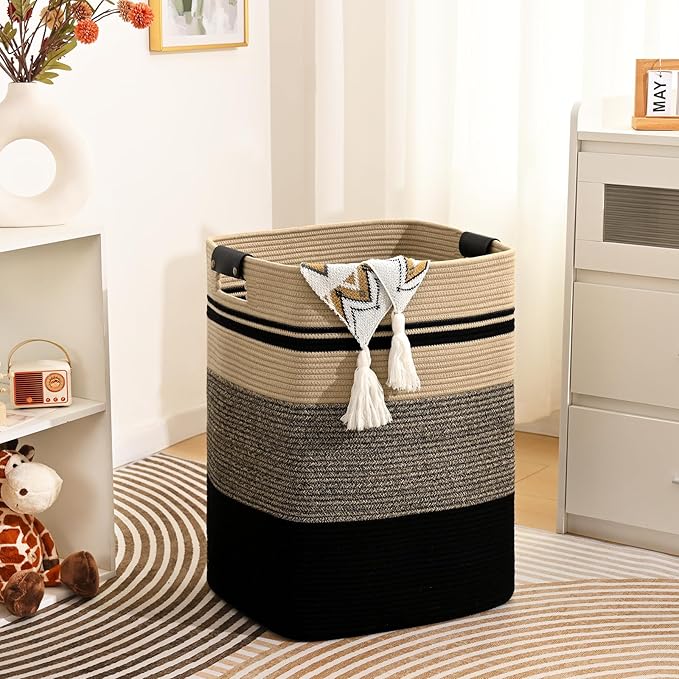 Laundry Hamper, 75L Tall Laundry Basket with Leather Handles, Rectangle Large Clothes Hamper for Organizing, Cotton Woven Laundry Baskets Storage Hampers for Bedroom, Nursery, Living Room