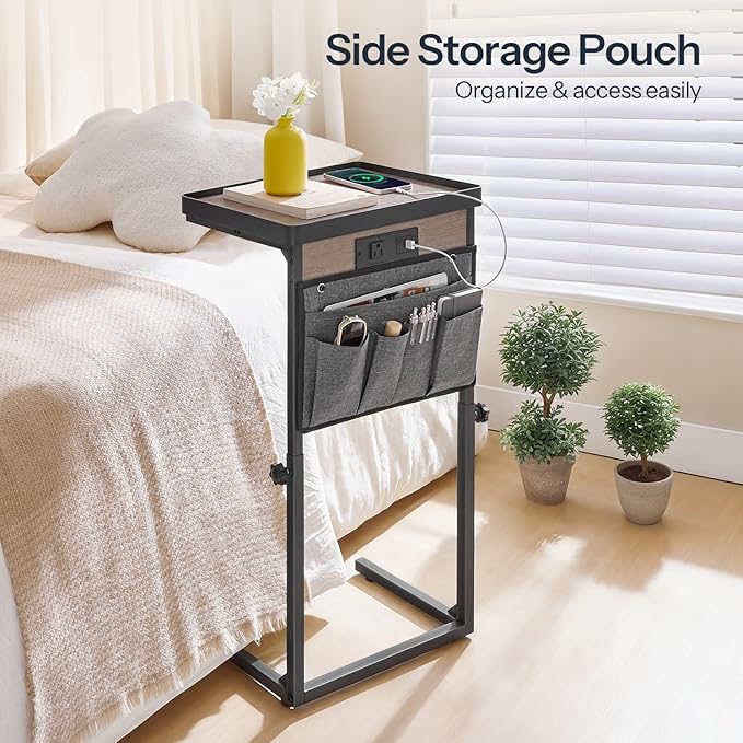 HOOBRO C-Shaped End Table with Charging Station, 29.5” Adjustable Height Side Table with Storage Pocket, Sofa Tray Table Slide Under Couch, for Living Room, Bedroom, Greige and Black BG78USF01