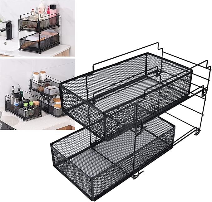 Cupboard Organiser, 2 Tier Under Sink Storage Organiser, Kitchen Storage Drawer Basket Rack Multilayer Kitchen Shelf Sliding Under Sink Drawer