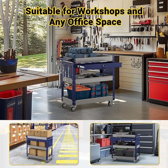 3 Tier Rolling Tool Cart on Wheels, 550 LBS Tool Cart with Drawers，Heavy Duty Utility Cart with Pegboard and Hooks，Mechanic Tool Storage Cart for Garage, Warehouse and Repair Shop(Gray-Blue)