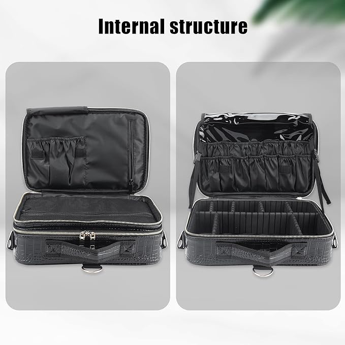 JOURMON Travel Makeup Train Case,Large Capacity Cosmetic Bags for Women,Portable Makeup Bag Organizer with Adjustable Dividers & Shoulder Strap (Crocodile Pattern Black,Medium)