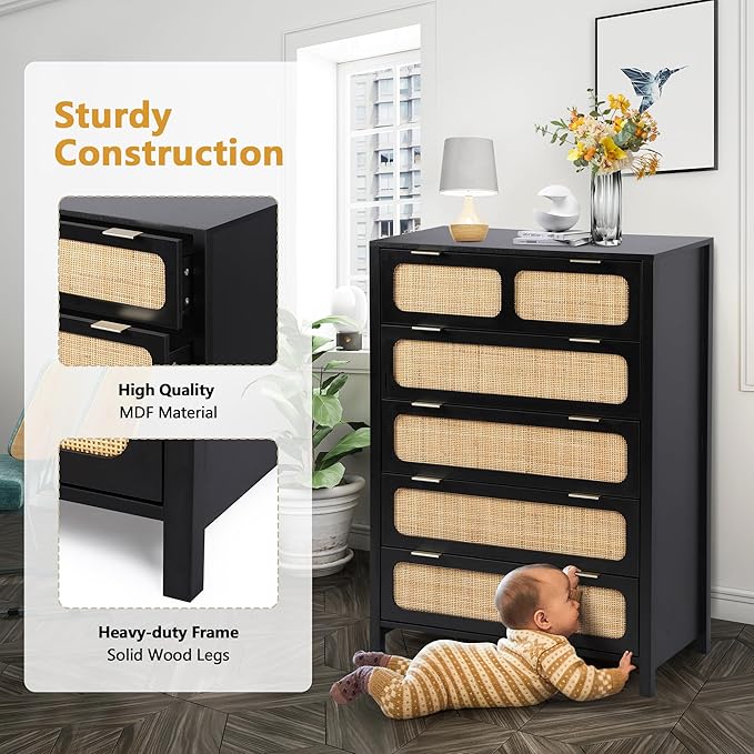 5 Drawer Dresser with Rattan Finish, Modern Farmhouse Chest of Drawers with Metal Handles, Accent Wood Storage Cabinet for Bedroom, Living Room (Black)