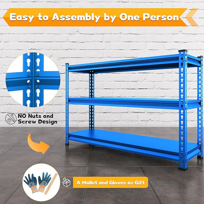 48" W Garage Shelving Heavy Duty, 1500LBS Loads Adjustable Garage Storage Shelves, 3-Tier Metal Shelving Units and Storage Racks, Industrial Utility Shelf,48" Wx18 Dx39 H, Blue