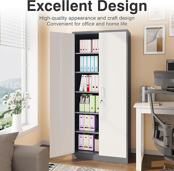 Metal Storage Cabinet with 2 Doors and 6 Shelves,Gray White Metal Cabinet with Lock,71" Lockable Garage Storage Cabinets,Locking File Cabinet,Steel Tool Cabinets for Home,Office,Garage,Shop,School