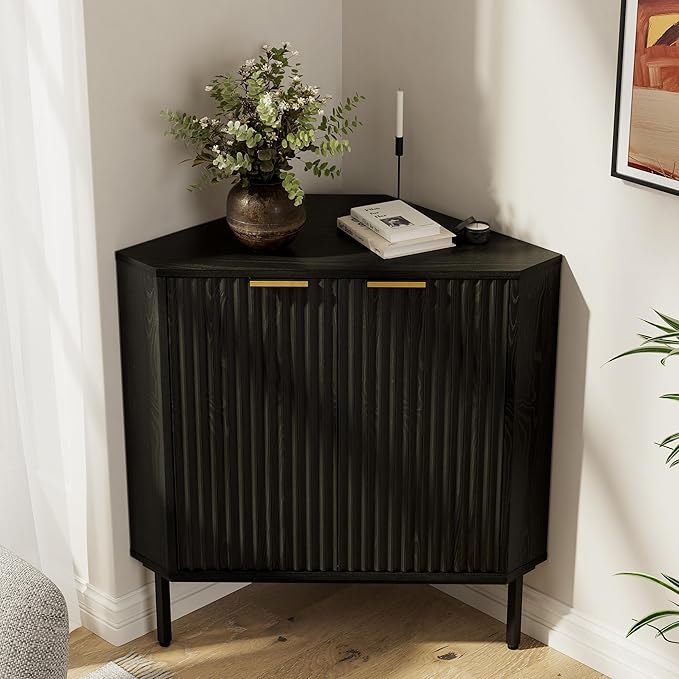 Modern Fluted Corner Cabinet, Wooden Small Floor Storage Cabinet with Adjustable Shelf & Metal Legs, Freestanding Narrow Organizer for Living Room Kitchen, Black