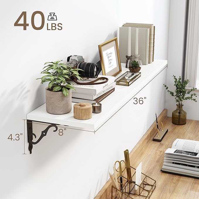 Fun Memories 36 Inches Floating Shelves, Rustic Long Wall Shelves, 8 Inch Deep Book Shelf Wall Mounted with Bracket, Wide Display & Storage Shelves for Living Room, Bathroom, Bedroom, White, Set of 2