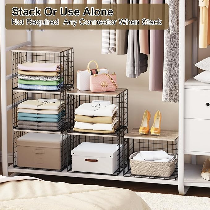 4PCS Wider Closet Organizers and Storage, Stackable Closet Shelf Organizer Storage Bins with Wood Top for Sweaters Jeans, Clothes Organizer Shelves for Wardrobe System Rack, Space-Saving,Sturdy Metal