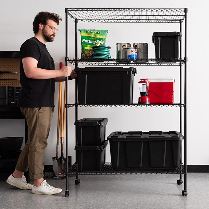 IRIS USA, Inc. 4-Tier Adjustable Heavy Duty Steel Storage Rack with Removable Locking Casters (Up to 1200 lbs Loading Capacity), Wire Organization Unit with Metal Shelves, Black (48"L x 18"W x 73.5"H)