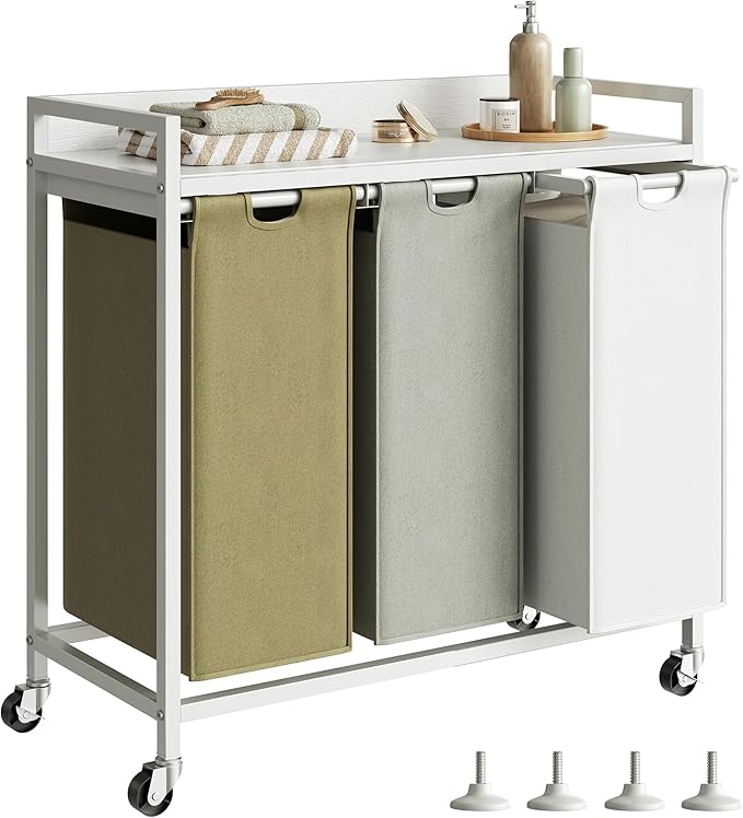 Laundry Hampers with Shelf, Laundry Basket 3 Section, Laundry Sorter with Pull-Out Removable Large 3 Color Bags and Movable Wheels, Metal Frame, 3 x 15.87 Gallons (60L), White PF04XLE