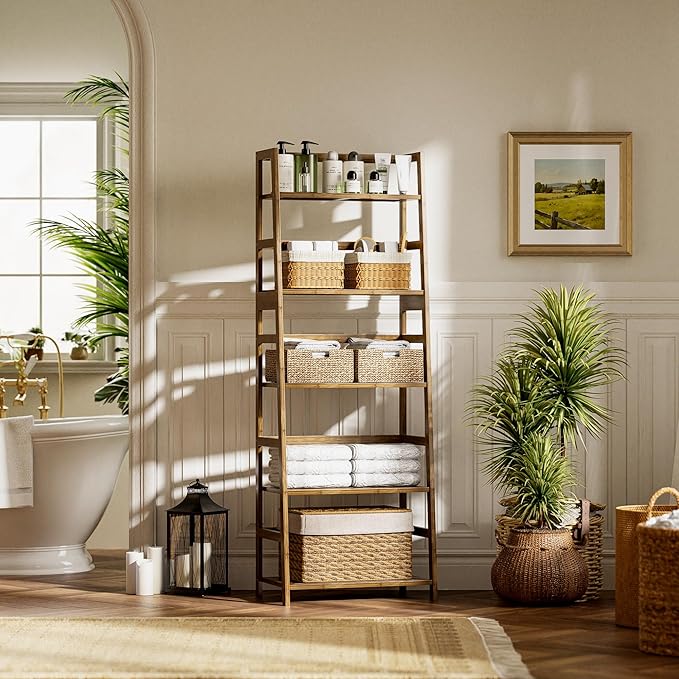 Ladder Shelf, 5-Tier Bookshelf, All Bamboo Heavy Duty Bookcase, Freestanding Open Wood Storage Rack, Modern Corner Display Plant Stand for Living Room, Home Office, Bathroom, Bedroom, Walnut