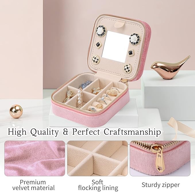 Dajasan Velvet Travel Jewelry Box, Mini Travel Jewelry Case, Small Portable Travel Jewelry Organizer Box with Mirror for Earrings Bracelets Rings Necklace (Pink)