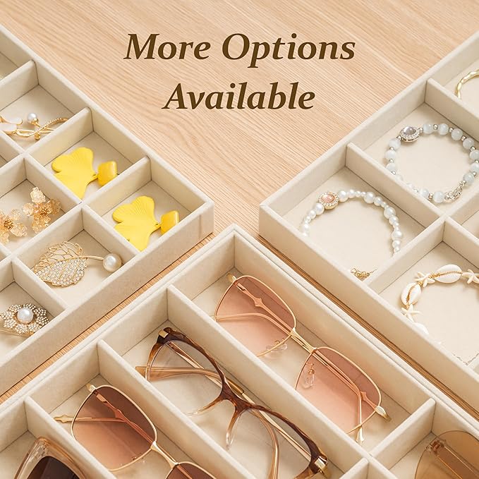 pickpiff Drawer Sunglass Organizer & Display Tray: 1 Pcs 8 Grids Velvet Scratch-Free Eyeglasses Case (13.8x9.4x1.6inch) - Soft Beige Glasses Storage Holder Box for Men & Women