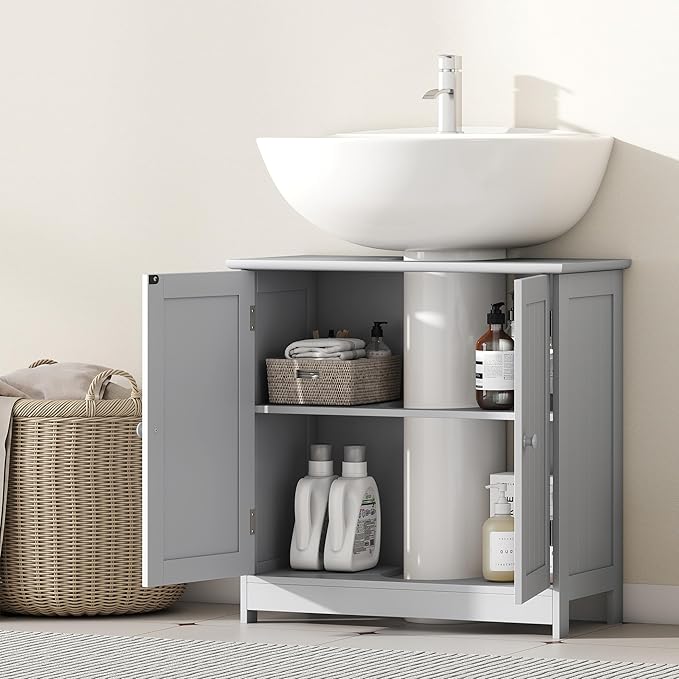 HOMCOM Under Sink Bathroom Cabinet, Pedestal Sink Storage Cabinet with 2 Doors, Shelf and U-Shape, Light Gray