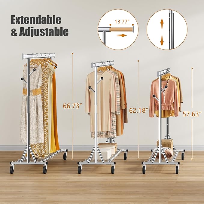 Heavy Duty Clothes Rack Load 530 lbs, Metal Rolling Clothing Rack With Sturdy Wheel And Shelves, Adjustable Portable Hanging Garment Rack For Clothes,Chrome Stainless Steel