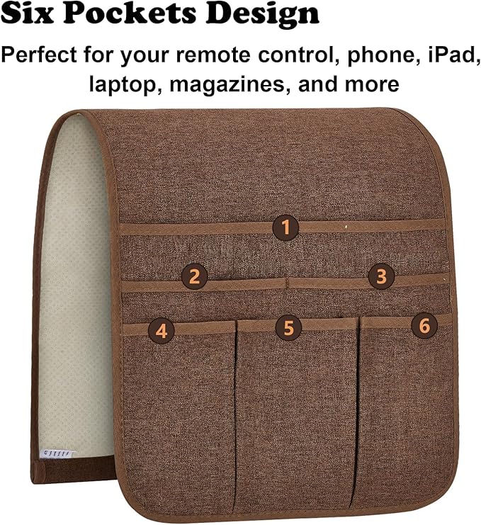 Remote Control Holder Armchair Caddy for Recliner Couch, Non-Slip Armrest Organizer with 5 Pockets for Magazine, Tablet, Phone, iPad (Brown)
